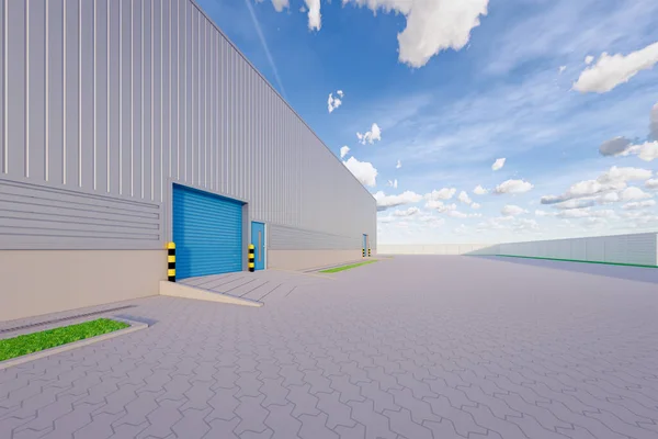 産業の背景のための倉庫ビルやシャッタードアの3Dレンダリング — ストック写真
