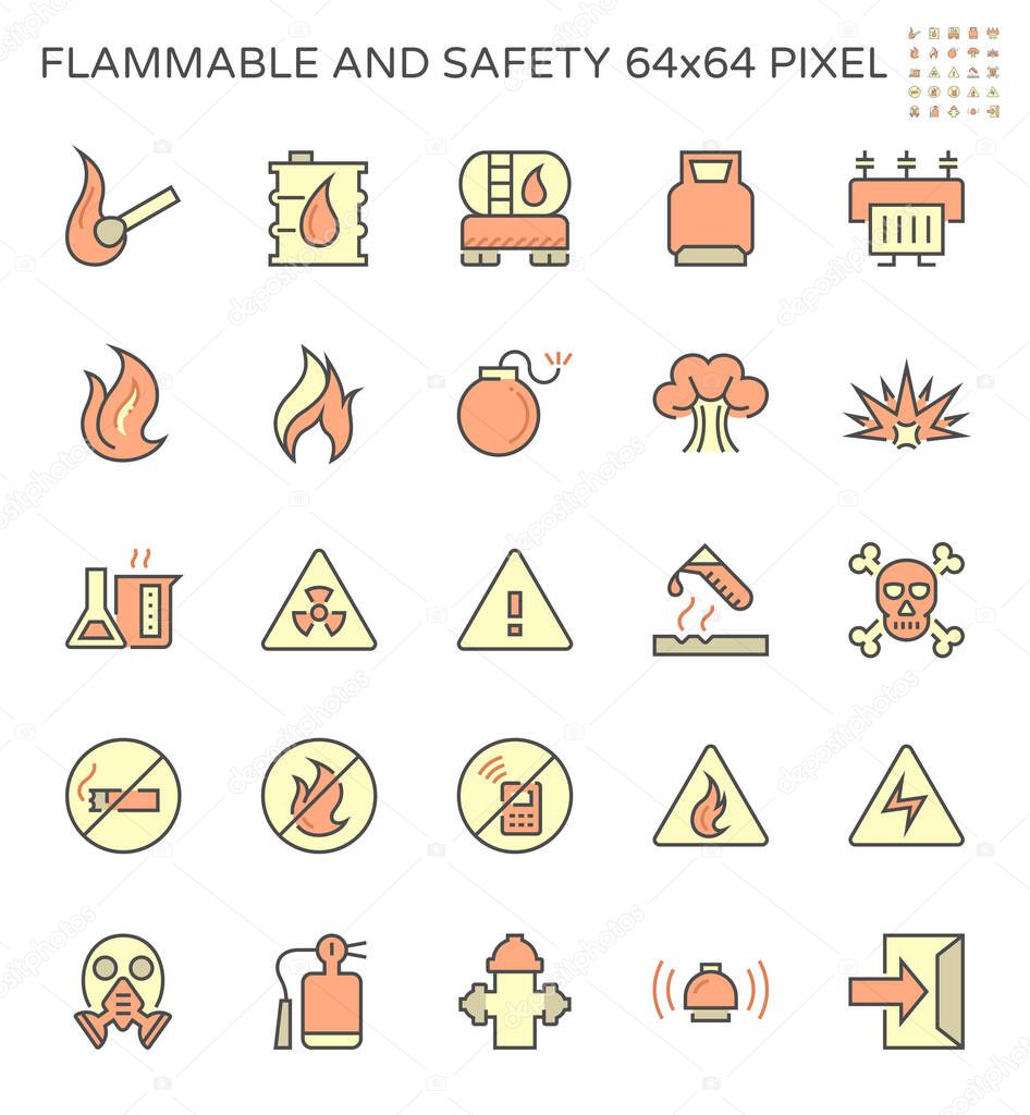 Flammable and safety vector icon set design, 64x64 pixel perfect and editable stroke.