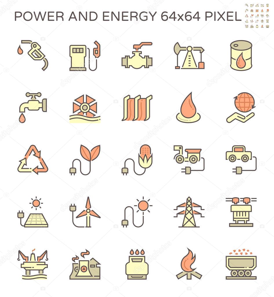 Power and energy vector icon set design, 64x64 perfect pixel and editable stroke.