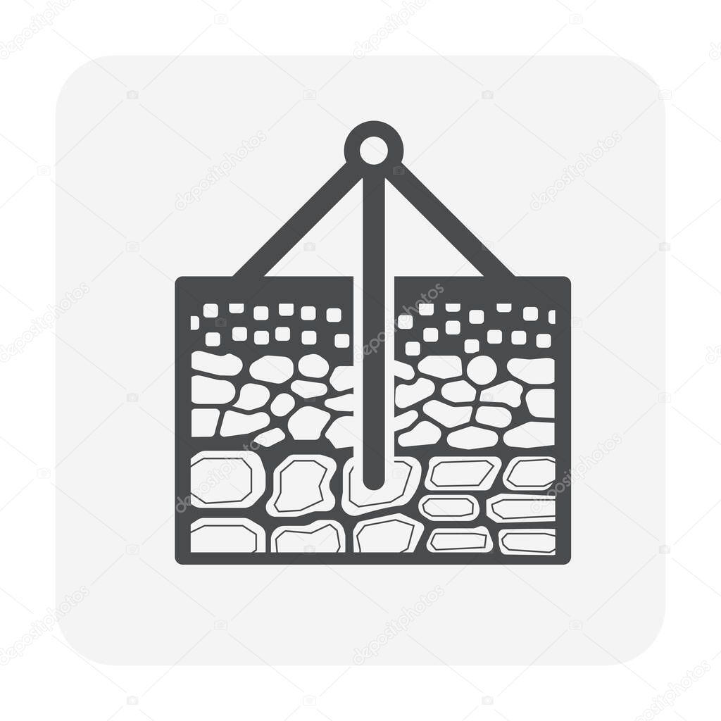 Soil testing and tool icon, black color.