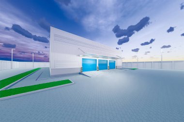 Endüstriyel arka plan için 3D depo ve deklanşör kapısı.
