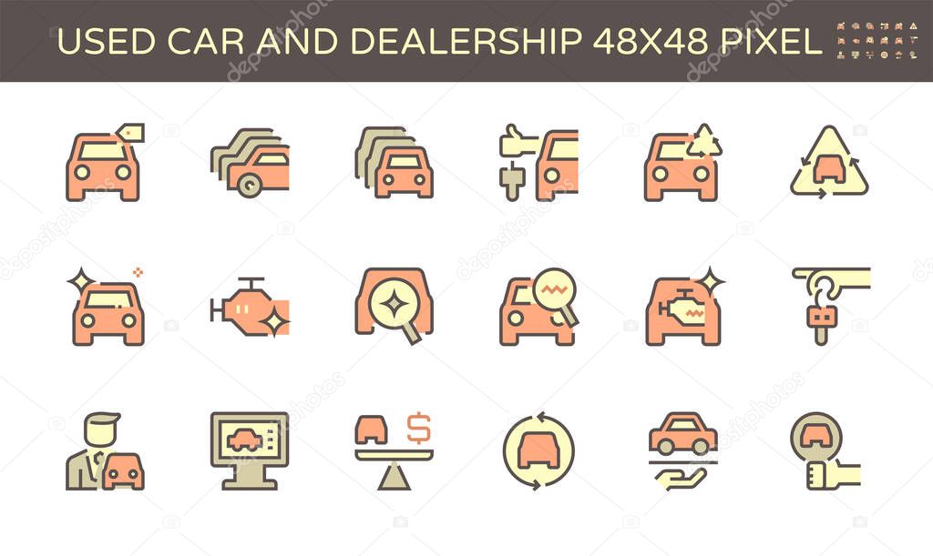 Used car and dealership vector icon set design, 48X48 pixel perfect and editable stroke.