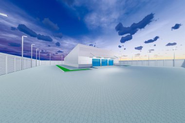 Endüstriyel arka plan için 3D depo ve deklanşör kapısı.