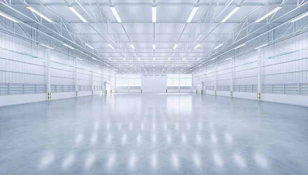 3d rendering of empty hangar and concrete floor and shutter door, clean and new condition.