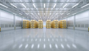 Rafta 3D depo binası ve kutu paketleme.