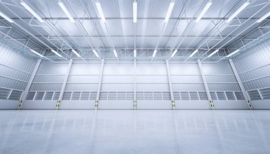 Beton zeminli boş depo binasının 3D görüntüsü.