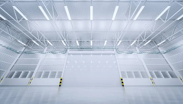 倉庫内のシャッタードアとコンクリート床の3Dレンダリング新しくきれいな表面 — ストック写真