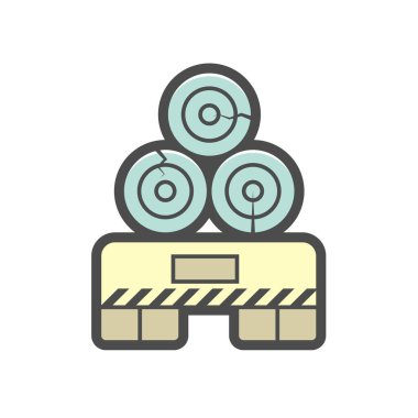 Beyaz zemin üzerinde ahşap malzeme ve kereste fabrikası sanayi vektör ikonu tasarımı.