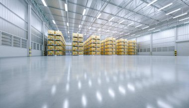 Rafta 3D depo binası ve kutu paketleme.