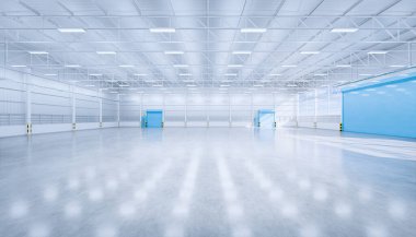 3D boş hangar ve beton zemin ve kepenk kapısı, temiz ve yeni durumda..