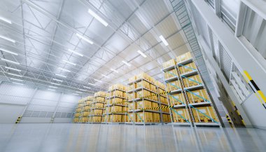 Rafta 3D depo binası ve kutu paketleme.