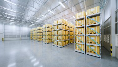 Rafta 3D depo binası ve kutu paketleme.
