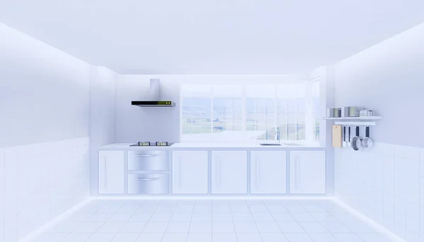 キッチンルームと白いタイルの床の3Dレンダリング清潔で新しい表面 — ストック写真