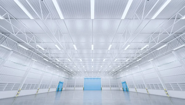 带屋顶板和桁架结构的空仓库建筑三维渲染 — 图库照片