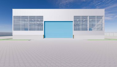 3 boyutlu hangar inşaatı dış yüzey, kepenk kapağı ve tuğla zemin..