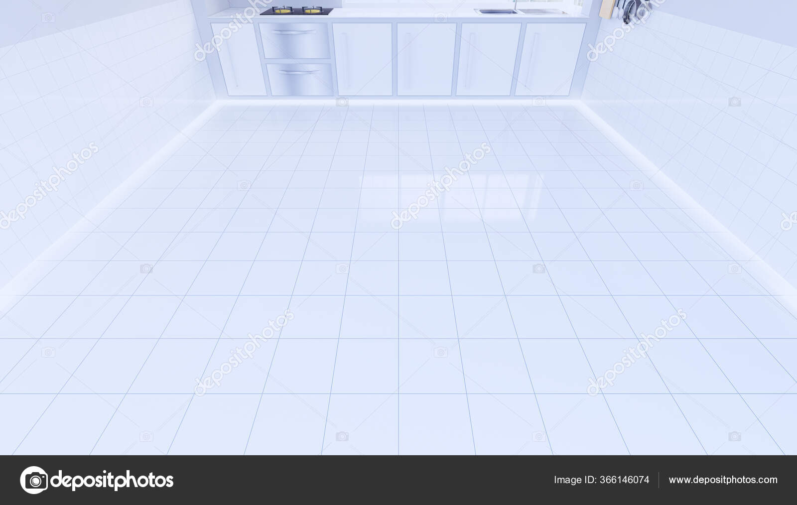 Representación Sala Cocina Piso Baldosas Blancas Limpia Nueva