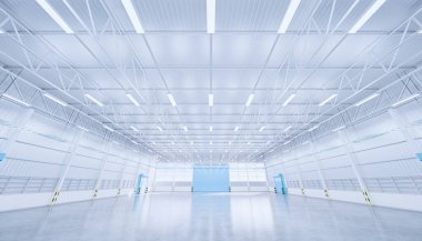 3D boş hangar ve beton zemin ve kepenk kapısı, temiz ve yeni durumda..