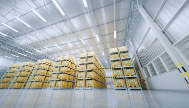 Rafta 3D depo binası ve kutu paketleme.