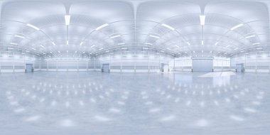 Boş hangar ve beton zemin ve kapılar, temiz ve yeni koşullar..
