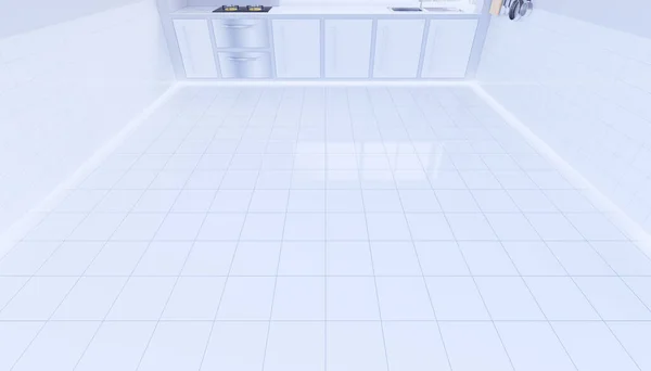 3d rendering of kitchen room and white tile floor clean and new surface.