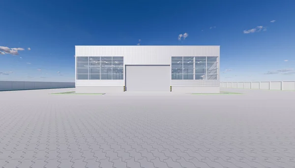 Representación Hangar Edificio Exterior Obturador Puerta Pavimentadora Piso Ladrillo — Foto de Stock