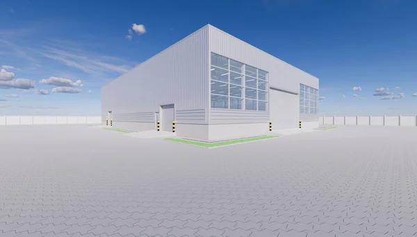 3d rendering of hangar building exterior and shutter door and paver brick floor.