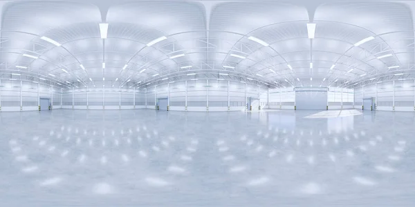 3d rendering of panorama of empty hangar and concrete floor and shutter door, clean and new condition.