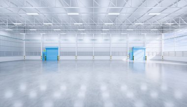 3D boş hangar ve beton zemin ve kepenk kapısı, temiz ve yeni durumda..