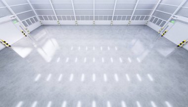 Beton zeminli boş depo binasının 3D görüntüsü.