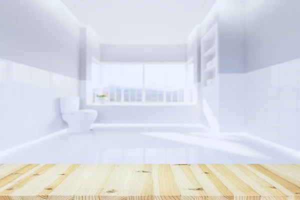 3d rendering of wood table top product display  and toilet blurred background.