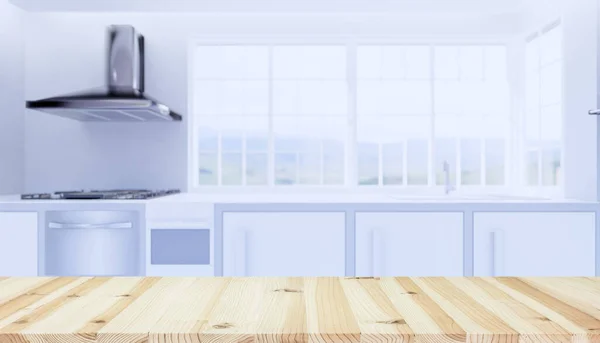 木製テーブルトップ製品表示とキッチンぼやけた背景の3Dレンダリング — ストック写真
