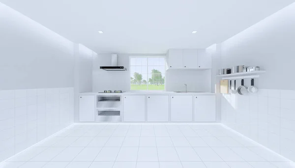 Renderização Sala Cozinha Piso Azulejo Branco Limpo Nova Superfície — Fotografia de Stock