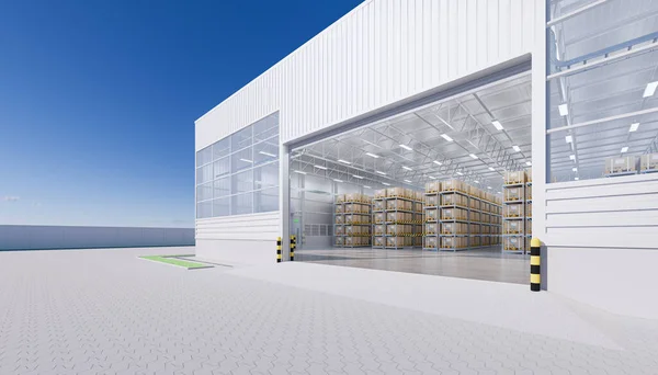 3d rendering of warehouse building exterior and open shutter door and box on shelf.