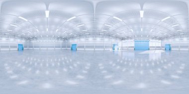 Boş hangar ve beton zemin ve kapılar, temiz ve yeni koşullar..