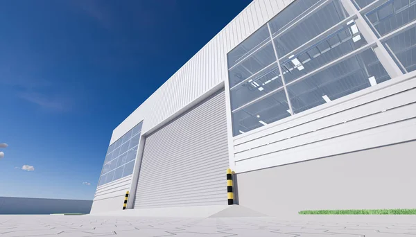 机库大楼外墙和快门及铺装砖地面的3D渲染 — 图库照片
