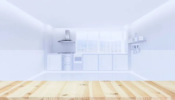 Rendering Visualizzazione Del Prodotto Tavolo Legno Sfondo Sfocato Cucina — Foto Stock
