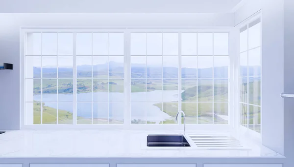 窓の外のキッチンカウンターとシンクと自然の3Dレンダリング — ストック写真