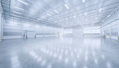 3D boş hangar ve beton zemin ve kepenk kapısı, temiz ve yeni durumda..