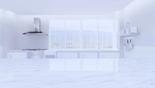 大理石のテーブルトップ製品ディスプレイとキッチンぼやけた背景の3Dレンダリング — ストック写真
