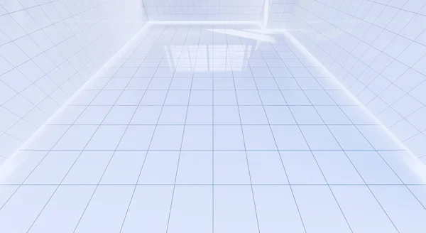 空のトイレと白いタイルの床の3Dレンダリング — ストック写真