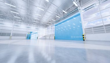 3D boş hangar ve beton zemin ve kepenk kapısı, temiz ve yeni durumda..