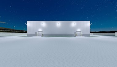 3D dış taraftaki hangar inşaatı ve gece yarısı kapı ve kaldırım tuğlası döşemesi..