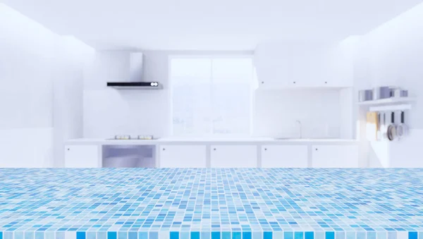 キッチンぼやけた背景とモザイクカウンター製品ディスプレイの3Dレンダリング — ストック写真