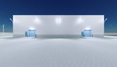 3D dış taraftaki hangar inşaatı ve gece yarısı kapı ve kaldırım tuğlası döşemesi..