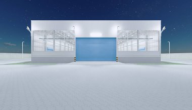 3D dış taraftaki hangar inşaatı ve gece yarısı kapı ve kaldırım tuğlası döşemesi..