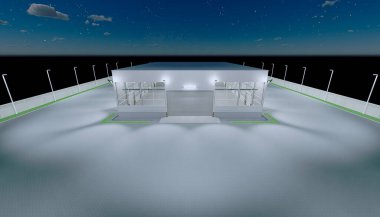 3D dış taraftaki hangar inşaatı ve gece yarısı kapı ve kaldırım tuğlası döşemesi..