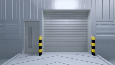 3D dış taraftaki hangar inşaatı ve gece yarısı kapı ve kaldırım tuğlası döşemesi..