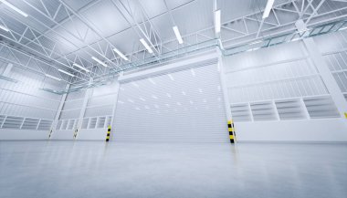 Depo binasının 3 boyutlu penceresi ve beton zemini yeni ve temiz..