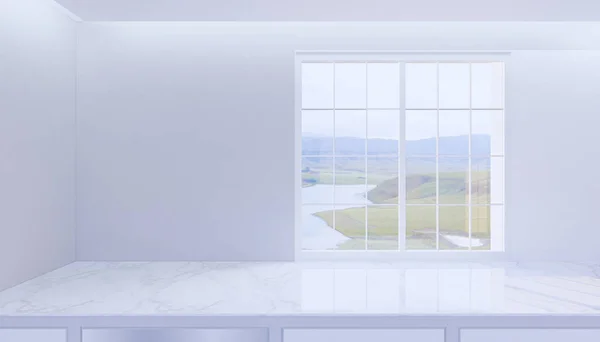 Rendering Von Marmor Arbeitsplatte Produktdisplay Und Fenster Und Natur Landschaft — Stockfoto