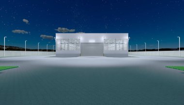 3D dış taraftaki hangar inşaatı ve gece yarısı kapı ve kaldırım tuğlası döşemesi..